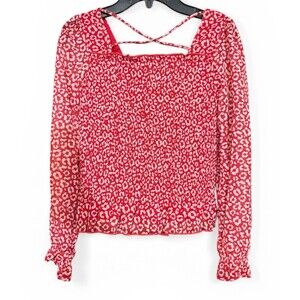 Xtraordinary Big Girls Long Sleeve Smocked Floral Top | Size M (10) (12) Red